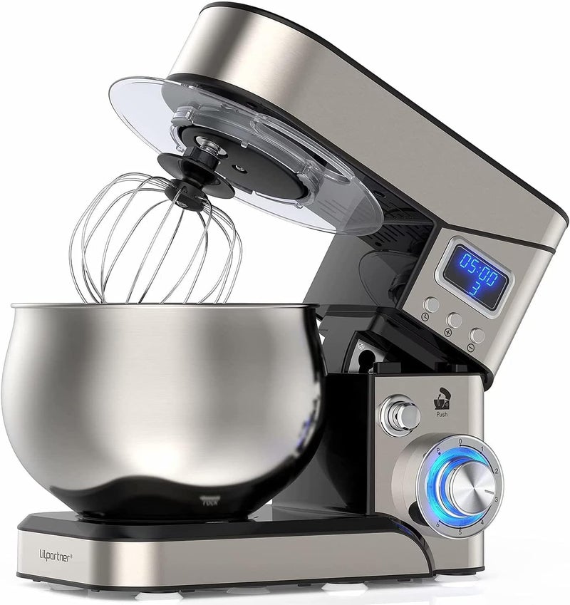 LILPARTNER Stand Mixer, Stainless Steel Mixer 5.3-QT LCD Display Food Mixer, 6+P Speed itchen Electric Mixer Tilt-Head Mixer with Stainless Steel Bowl, Dough Hook, Beater, Whisk - Image 1